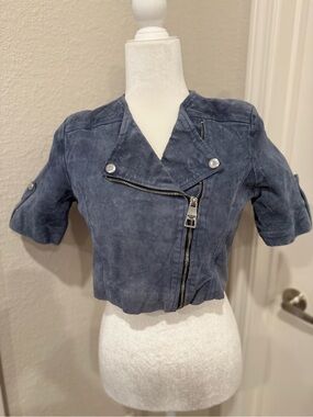 Aleeza Paris Cropped Blue Lamb Suede Moto Jacket Sz Small